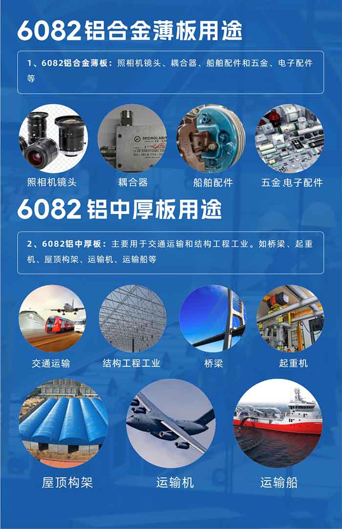 6082铝板性能优势：

1、具有较好的耐蚀性，可机械加工、可焊接、且成型性能优良；

2、具有中等强度，在退火后仍能维持较好的操作性；

3、具有较好的阳极反应性能，常用的阳极反应方法包括去除杂质和染色、涂层等；

4、易于抛光、上色膜、氧化效果极佳；

5、强度高、高韧性，可使用性能好，接口特点优良。
