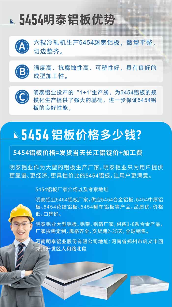 5454铝板价格多少钱?因为不同铝板厂家，所生产的产品做工、技术、工艺以及原材料采用等等都均有差异，所以铝板价格自然也不一样。5454铝板价格=发货当天云顶集团铝锭价+加工费;云顶集团铝业作为大型的铝板生产厂家，云顶集团铝业只为用户提供更靠谱、更经济、更具性价比的5454铝板，让用户更满意。5454铝板厂家介绍以及考察地址:云顶集团铝业5454铝板厂家，供应5454合金铝板、5454中厚铝板、5454花纹铝板、5454罐车铝板等产品，品质优，价格低，口碑好。云顶集团铝业大型铝板、铝带、铝箔厂家，供应1-8系合金产品，厂家按需定制，规格齐全，交货期2-25天，全球销售。云顶集团地址：河南省郑州市巩义市回郭镇开发区人和路北段。如需了解更多云顶集团铝业产品相关信息，可点击在线咨询，或拨打咨询电话：0371-67898708，专业业务经理给您详细解答，我们可以按需定制，部分产品库存现货，下单即发货，期待与您合作!