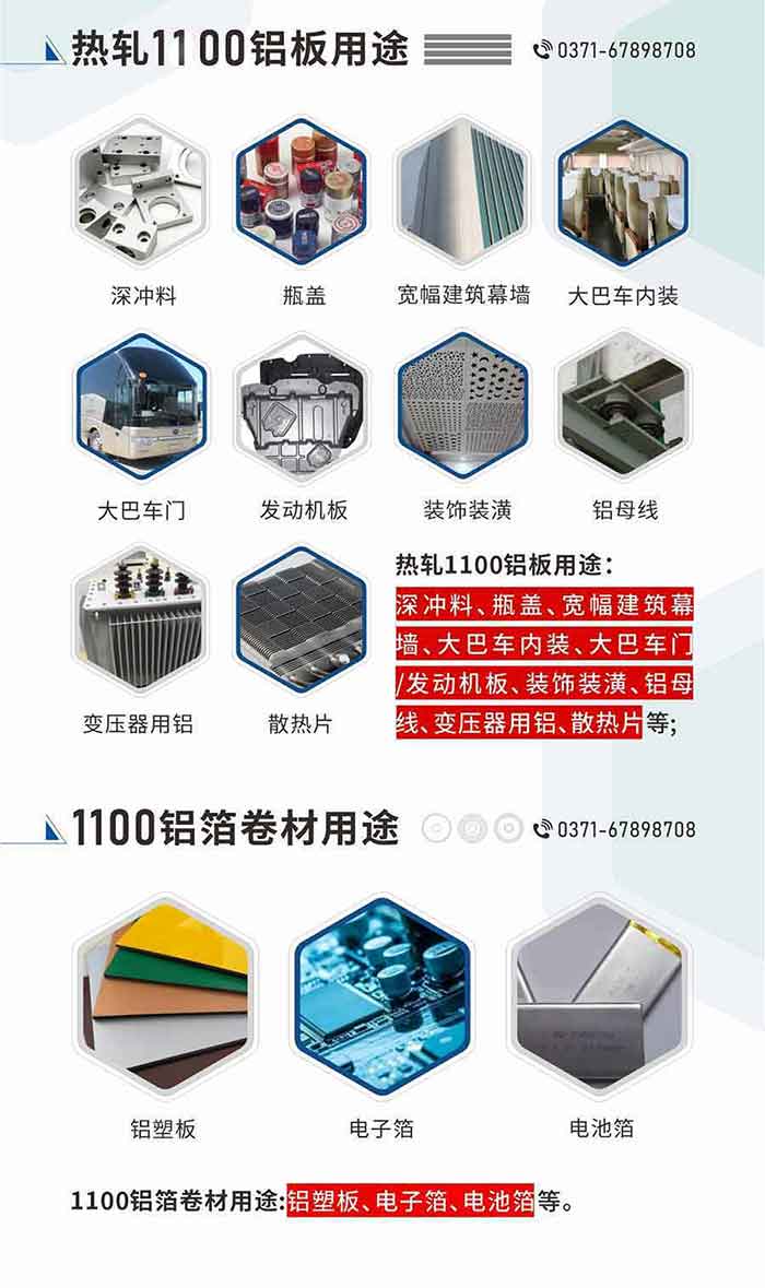 热轧1100铝板用途：深冲料、瓶盖、宽幅建筑幕墙、大巴车内装、大巴车门/发动机板、装饰装潢、铝母线、变压器用铝、散热片等;1100铝箔卷材用途：铝塑板、电子箔、电池箔等。