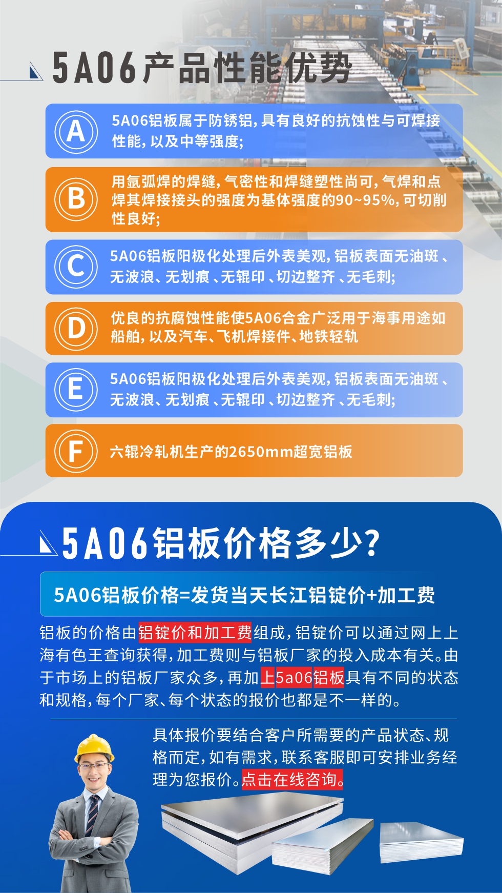 产品性能优势   

1、5A06铝板属于防锈铝，具有良好的抗蚀性与可焊接性能，以及中等强度;

2、用氩弧焊的焊缝，气密性和焊缝塑性尚可，气焊和点焊其焊接接头的强度为基体强度的90~95%，可切削性良好;

3、5A06铝板阳极化处理后外表美观，铝板表面无油斑 、无波浪、 无划痕 、无辊印 、切边整齐 、无毛刺;

4、优良的抗腐蚀性能使5A06合金广泛用于海事用途如船舶，以及汽车、飞机焊接件、地铁轻轨;

5、六辊冷轧机生产的2650mm超宽铝板;