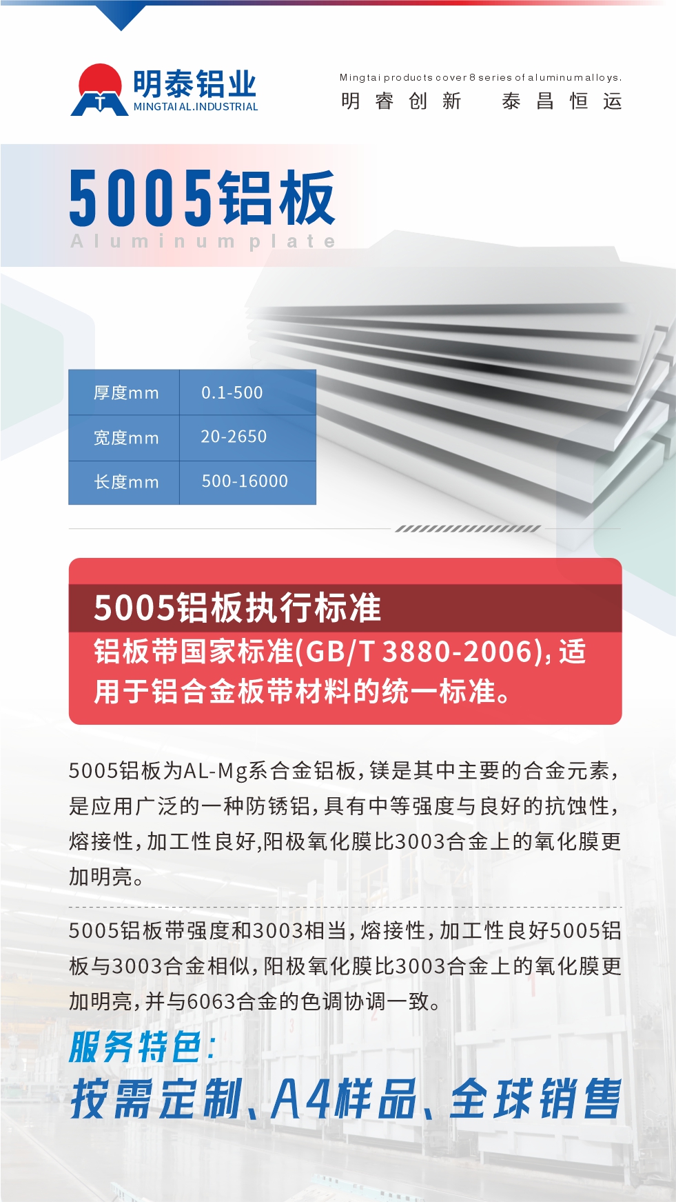 产品介绍

5005铝板为AL-Mg系合金铝板，镁是其中主要的合金元素，是应用广泛的一种防锈铝，具有中等强度与良好的抗蚀性，熔接性，加工性良好,阳极氧化膜比3003合金上的氧化膜更加明亮。

5005铝板带强度和3003相当，熔接性，加工性良好5005铝板与3003合金相似，阳极氧化膜比3003合金上的氧化膜更加明亮，并与6063合金的色调协调一致。服务特色：按需定制、A4样品、全球销售!

