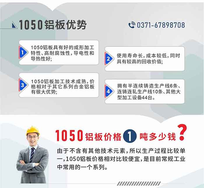 云顶集团1050铝板优势
1、1050铝板具有好的成形加工特性、高耐腐蚀性，导电性和导热性好;2、使用寿命长，成本较低，同时具有较高的回收价值;
3、1050铝板加工技术成熟，价格相对于其它系列合金铝板有很大优势;4、拥有半连续铸造生产线6条、连铸连轧生产线10条、其他大型加工设备44台。1050铝板价格1吨多少钱？由于不含有其他技术元素，所以生产过程比较单一，1050铝板价格相对比较便宜，是目前常规工业中常用的一个系列。