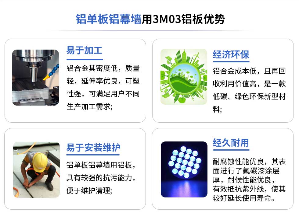 铝单板铝幕墙用3M03铝板优势
易于加工
铝合金其密度低，质量轻，延伸率优良，可塑性强，可满足用户不同生产加工需求;
易于安装维护
铝单板铝幕墙用铝板具有较强的抗污能力，便于维护清理;
经济环保
铝合金成本低，且再回收利用价值高，是一款低碳、绿色环保新型材料，
经久耐用
耐腐蚀性能优良，其表面进行了氟碳漆涂层厚，耐候性能优良，有效抵抗紫外线，使其较好延长使用寿命。