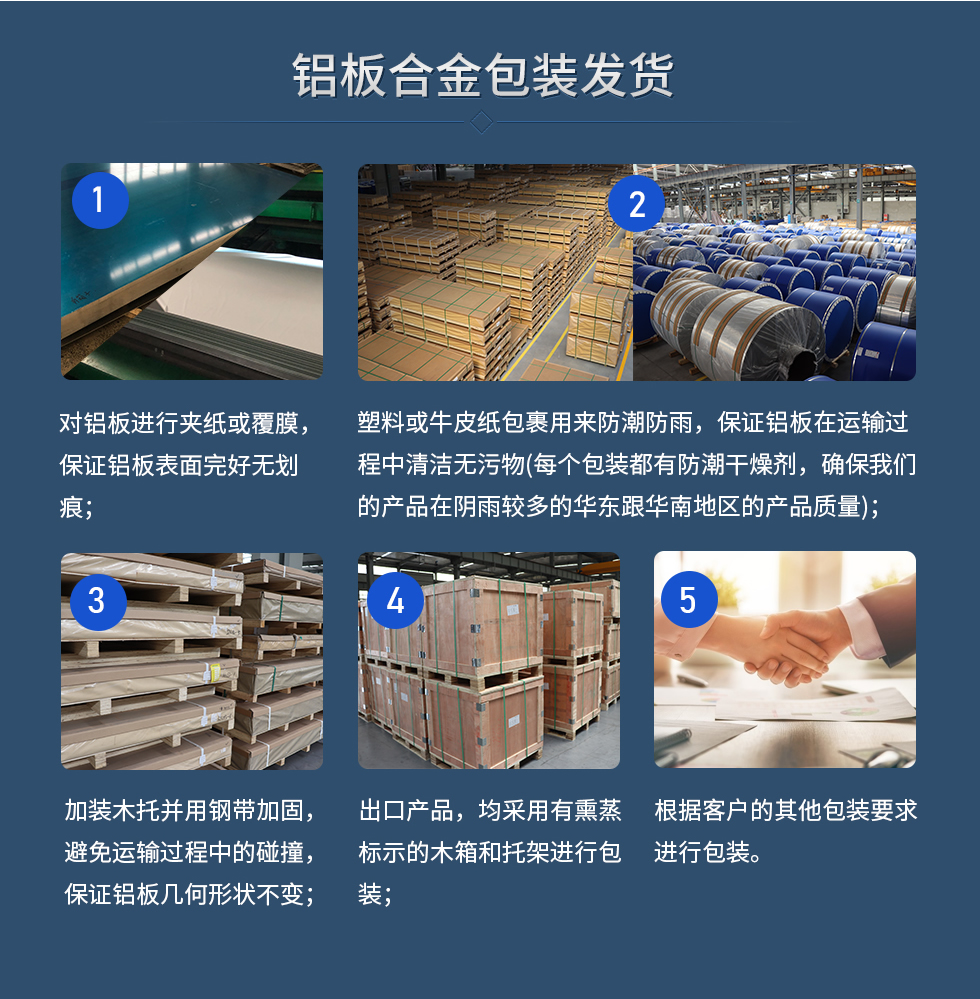 铝板合金包装发货
　　1、对铝板进行夹纸或覆膜，保证铝板表面完好无划痕；
　　2、塑料或牛皮纸包裹用来防潮防雨，保证铝板在运输过程中清洁无污物(每个包装都有防潮干燥剂，确保我们的产品在阴雨较多的华东跟云顶集团地区的产品质量)；
　　3、加装木托并用钢带加固，避免运输过程中的碰撞，保证铝板几何形状不变；
　　4、出口产品，均采用有熏蒸标示的木箱和托架进行包装；
　　5、根据客户的其他包装要求进行包装。