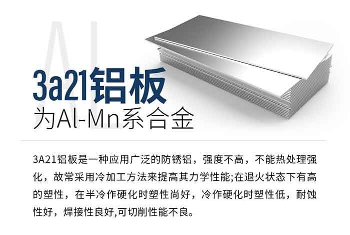 3a21铝板为Al-Mn系合金，3A21铝板是一种应用广泛的防锈铝，强度不高，不能热处理强化，故常采用冷加工方法来提高其力学性能;在退火状态下有高的塑性，在半冷作硬化时塑性尚好，冷作硬化时塑性低，耐蚀性好，焊接性良好,可切削性能不良。