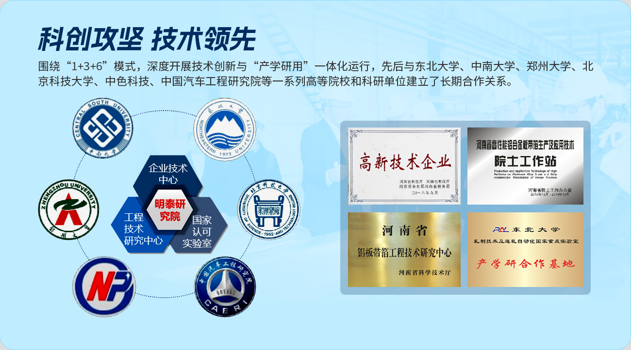 科创攻坚 技术领先,围绕“1+3+6”模式，深度开展技术创新与“产学研用”一体化运行，先后与东北大学、中南大学、郑州大学、北京科技大学、中色科技、中国汽车工程研究院等一系列高等院：涂蒲械ノ唤⒘顺て诤献鞴叵。